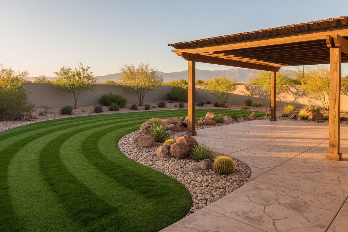 Finished El Paso backyard with striped lawn, pergola, and desert rock border at golden hour